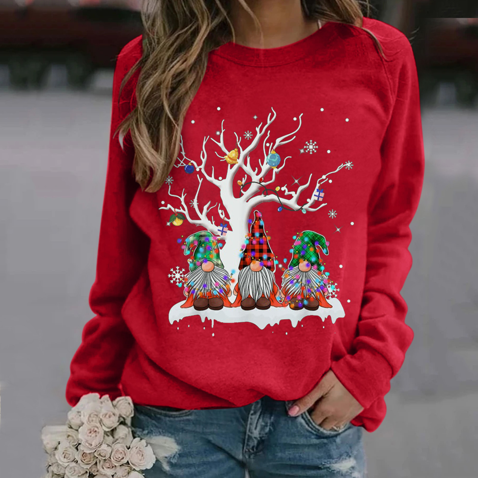 American Women's Round Neck Long Sleeve Printed Christmas Sweater