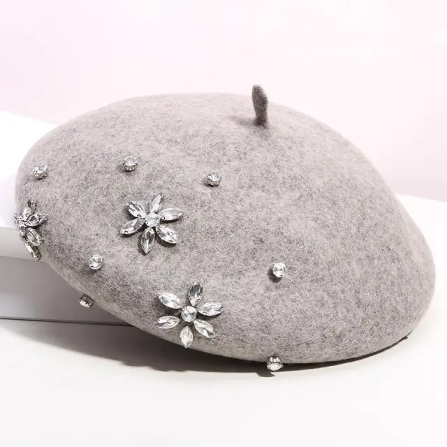 Women's Autumn And Winter Rhinestone Wool Beret Grey - Shop at LoveMi