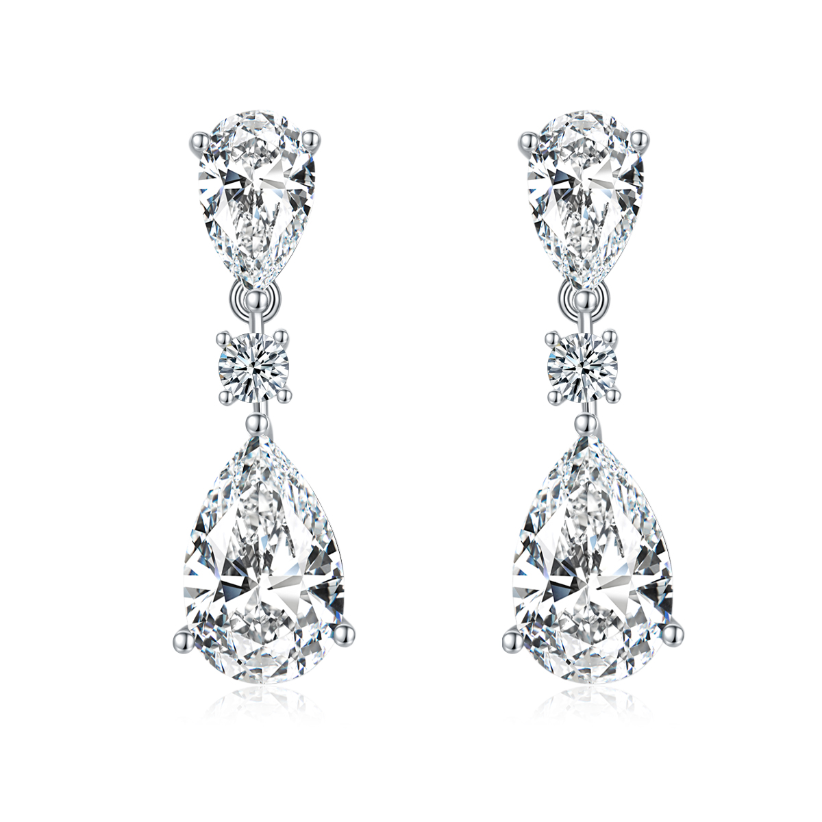 S925 Sterling Silver Pear Moissanite Drop Earrings, 10x7mm D-VVS1 Three-Stone Dangle, Platinum Plated 3.6g Fine Jewelry Gift Box