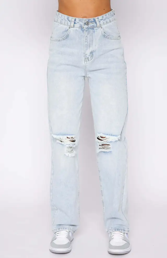 Plain Wash Solid Straight Denim Trousers Light Blue - Shop at LoveMi