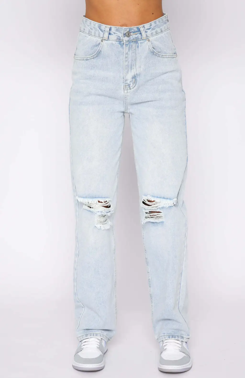 Plain Wash Solid Straight Denim Trousers - Light Blue
