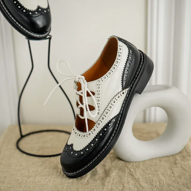 Single Shoes Womens Color Matching Carved Patent Leather Lace up Loafers French Retro White - Shop at LoveMi