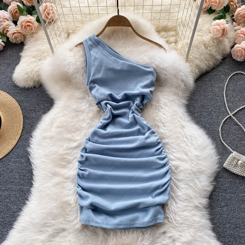 Women's Slanted Shoulder Tube Top Pleated Solid Color Dress - 8