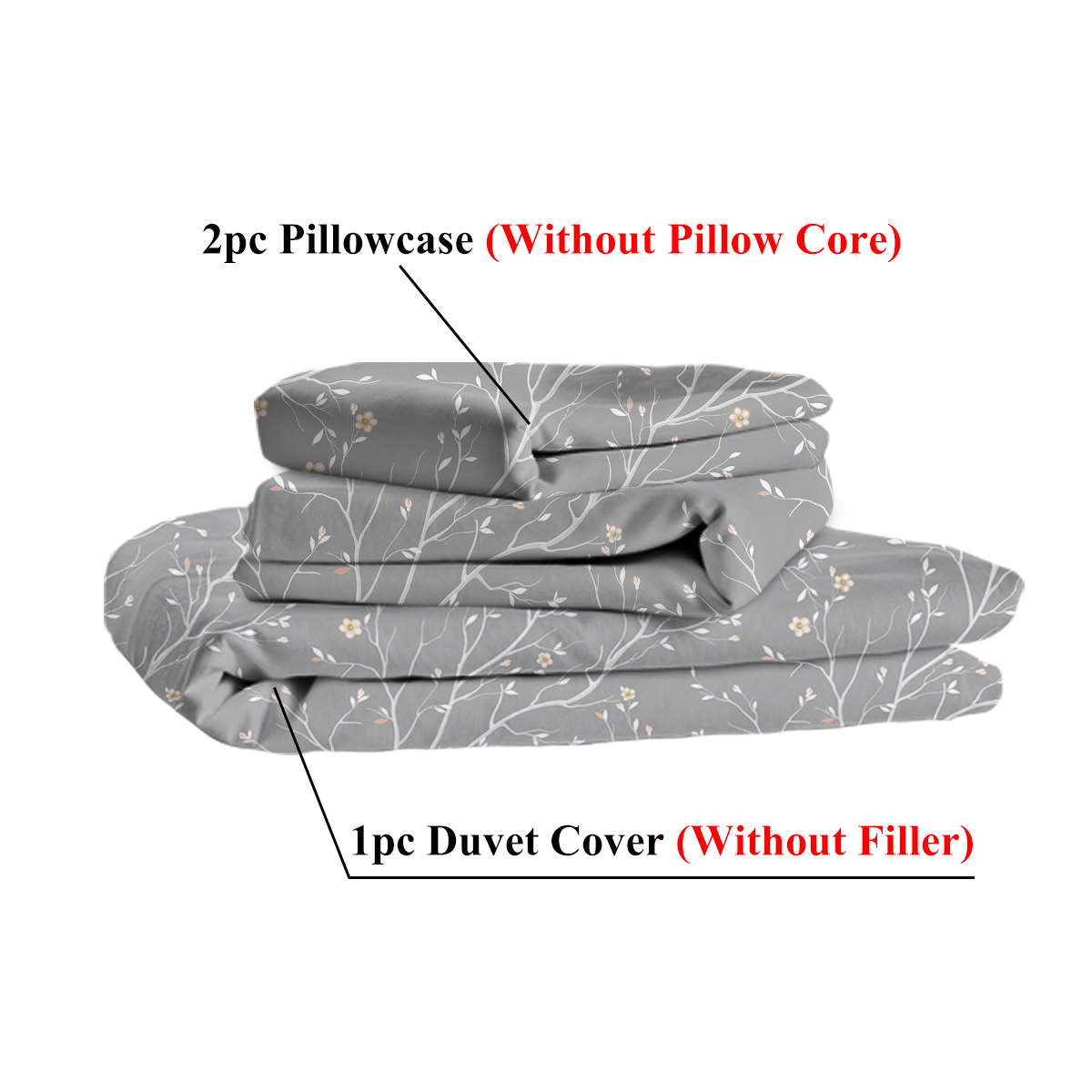 Grey Bed Set, 3 Pieces Branches Bedding, 1 Soft Reversible Botanical Flowers Comforter And 2 Pillow Shams