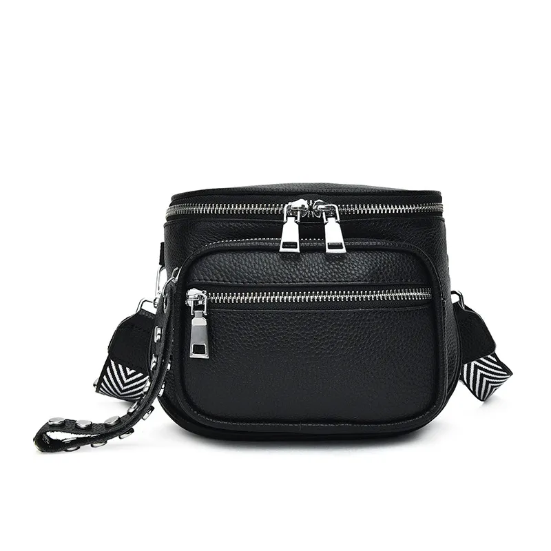 Black Crossbody Top Layer Leather Shoulder Bag - Black