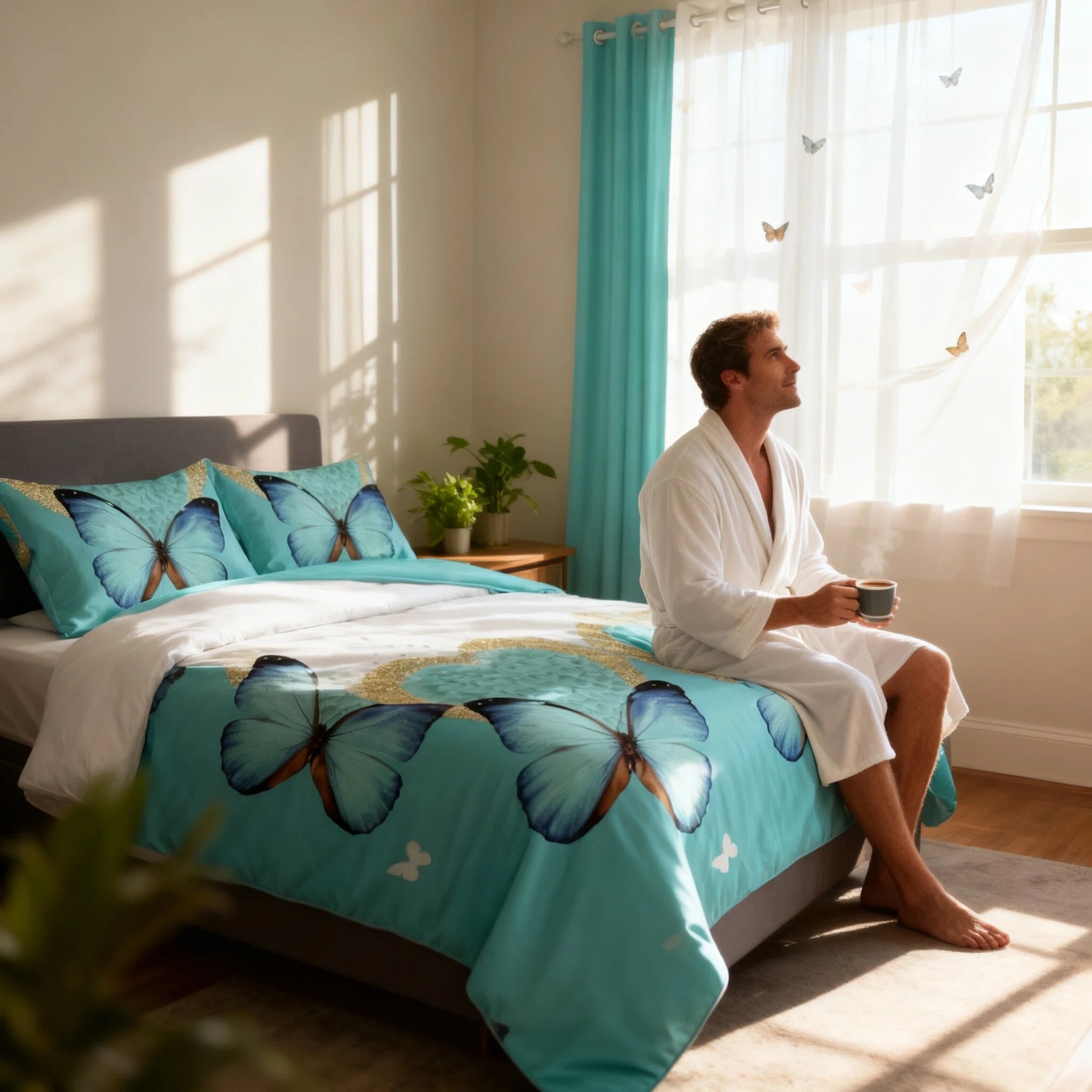 9-Piece Green Butterfly Bedspread And Curtain Set, Reversible Microfiber Bedding Set For King