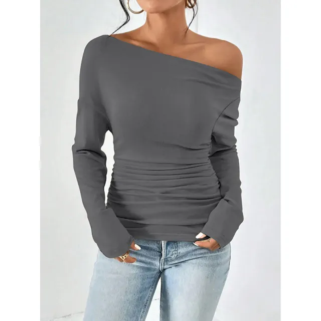 Women's Off The Shoulder Tops Long Sleeve T Shirts Going Out Tops Casual Trendy Ruched Slim Fitted Tees Dark Gray - Shop at LoveMi