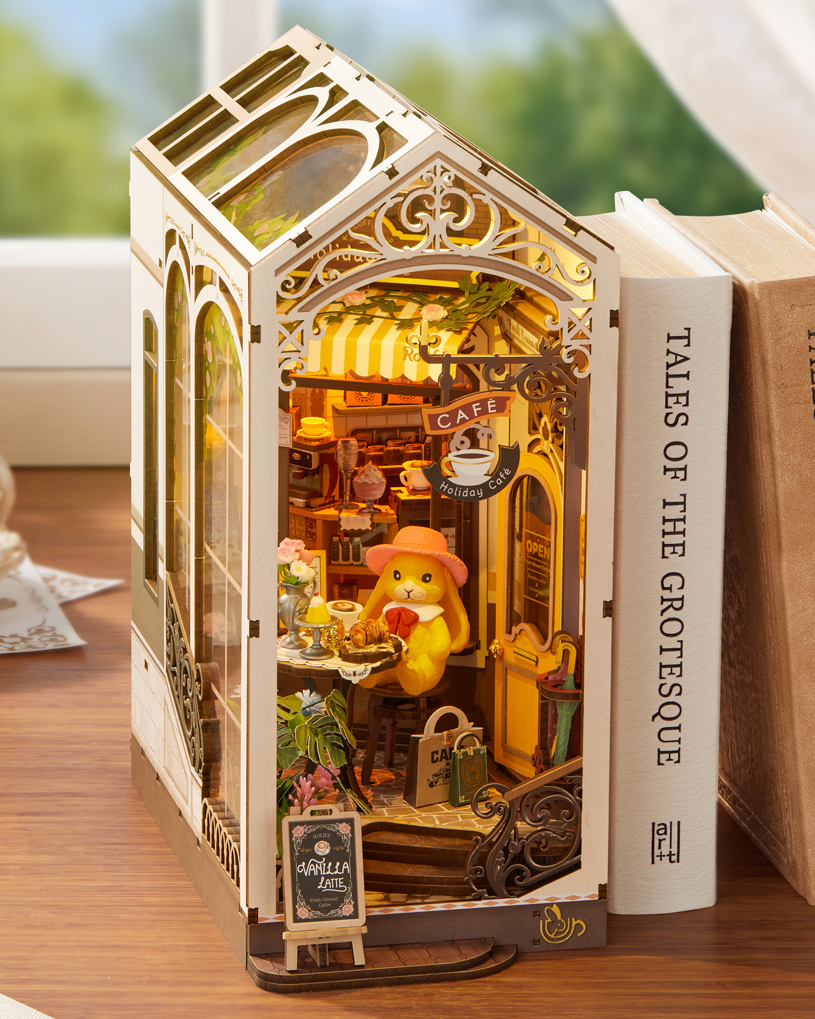 Rolife Holiday Cafe Reading Corner Set, DIY Mini House With Warm LED Lights, Glue-Free Assembly, Bookshelf Decoration, Creative Gift For Adults