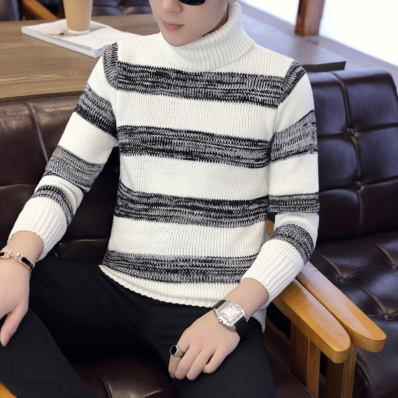 Knit Sweater Thick Warm Casual Stripes Men's Turtleneck Sweate