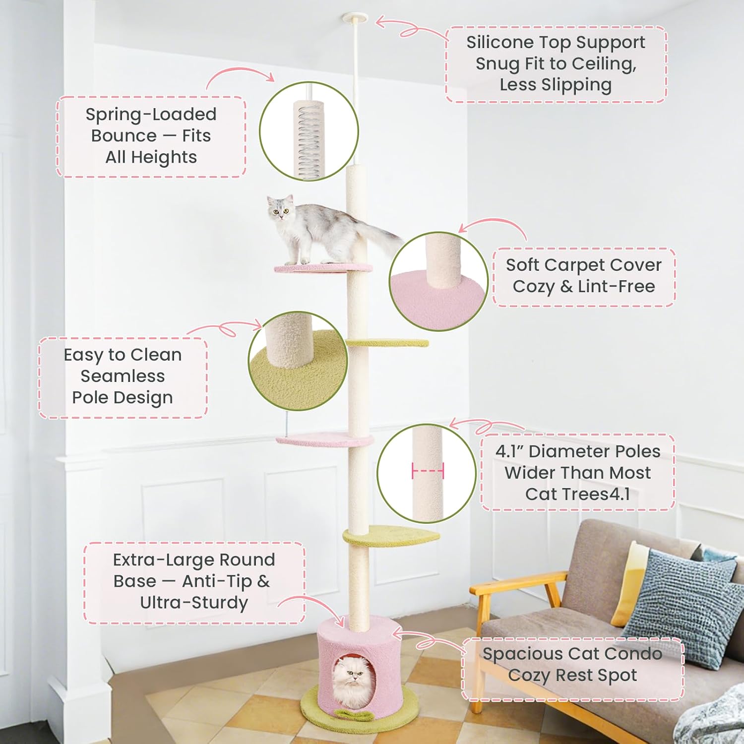 Max & Marlow Cat Tree  Floor-to-Ceiling Adjustable Height, Featuring Carpeted Scratching Posts And Cushioned Platforms For Indoor Cats Pink,Pickup Only