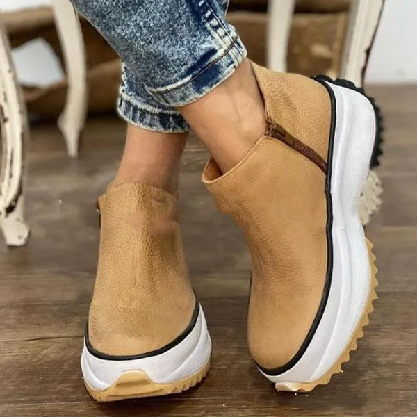 Women's Ankle Boots Platform Round Toe Non slip Thick Soled Side Zipper Warm Shoes For Autumn And Winter Khaki - Shop at LoveMi