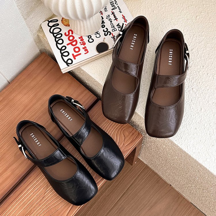 New Soft Leather Square Toe Grandma Shoes, Flat Versatile Women's Low-cut Flats