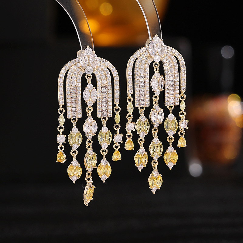 Title 3, Zircon Tassel Earrings with Arch Design, a styl...