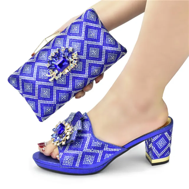 European And American Shoes And Bags Set Solid Color Rhinestone Sandals With Clutch Blue - Shop at LoveMi