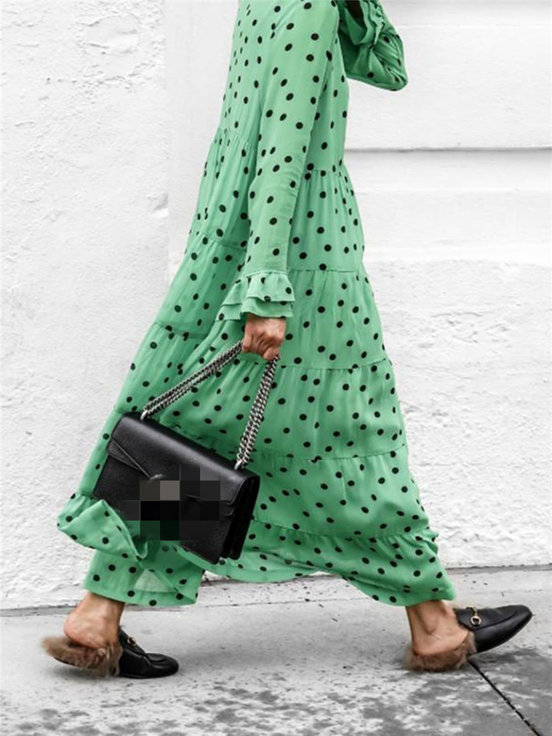 Long Skirt Polka-dot Deep V-neck Dress With Big Swing