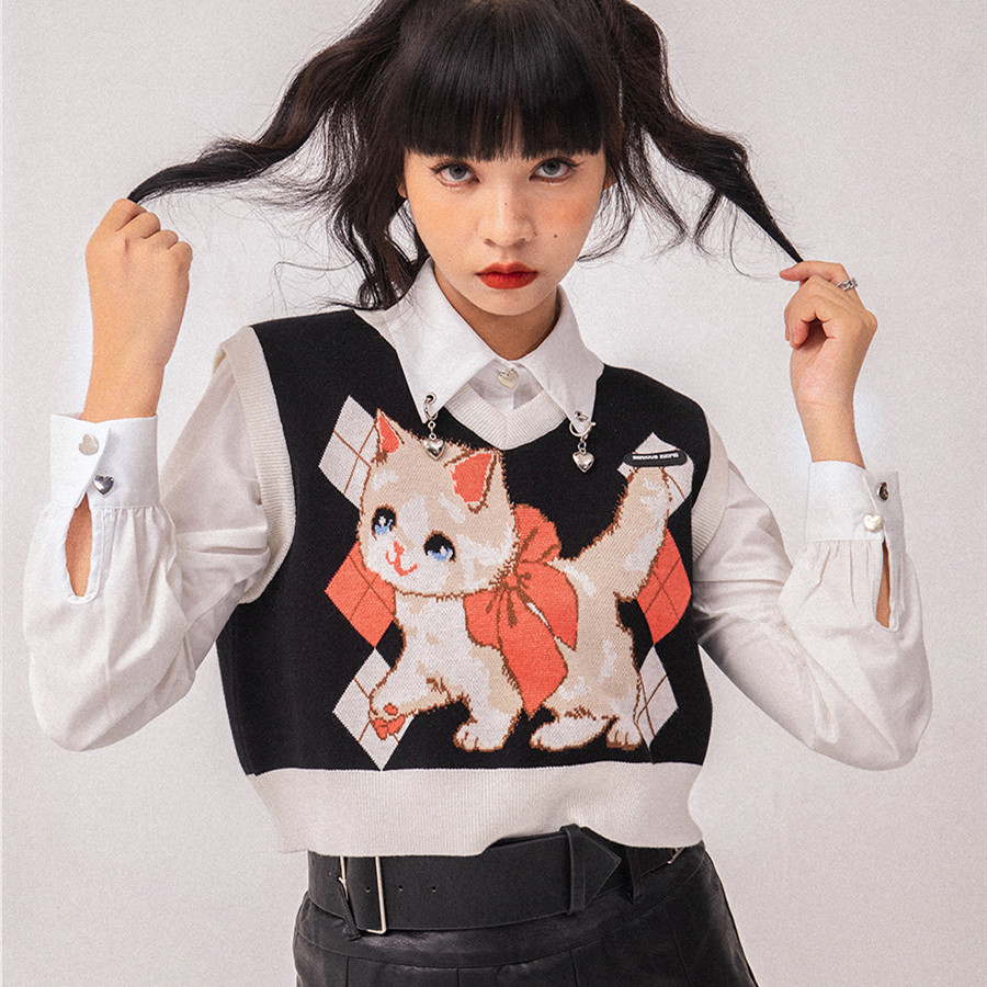 Black V-neck Waistcoat Cat Pattern Casual