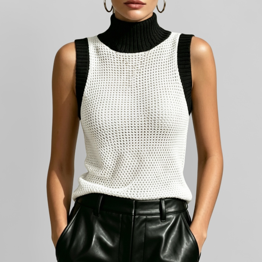 Women's Color Block Turtleneck Knit Tank Top, Sleeveless Hollow Out Mesh Sweater Vest