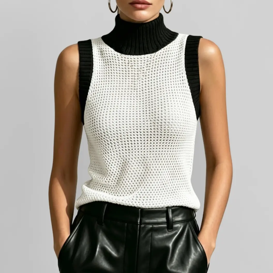 Women's Color Block Turtleneck Knit Tank Top