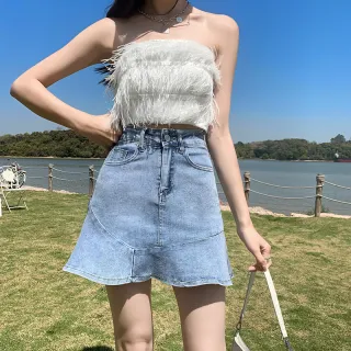 Waist Slim A-line Package Hip Fishtail Skirt - Light Blue