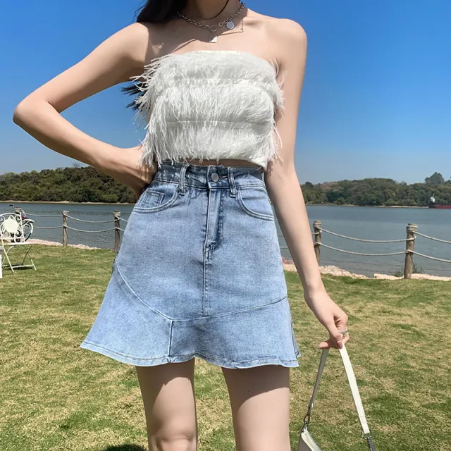 Waist Slim A line Package Hip Fishtail Skirt Light Blue - Shop at LoveMi