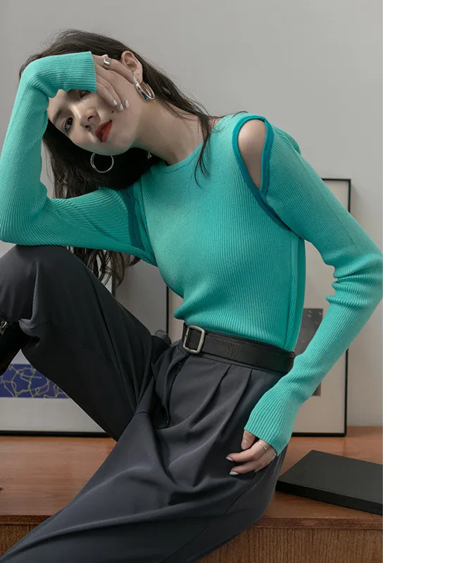 Contrast Color Off-the-shoulder Hollow-out Knitwear Women's Slim-fit Long Sleeve - Green