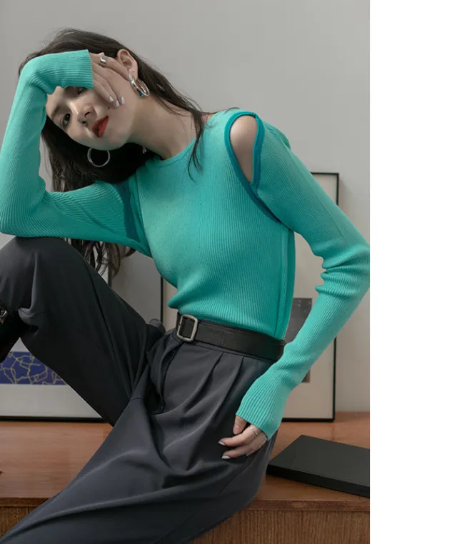 Contrast Color Off the shoulder Hollow out Knitwear Women's Slim fit Long Sleeve Green - Shop at LoveMi