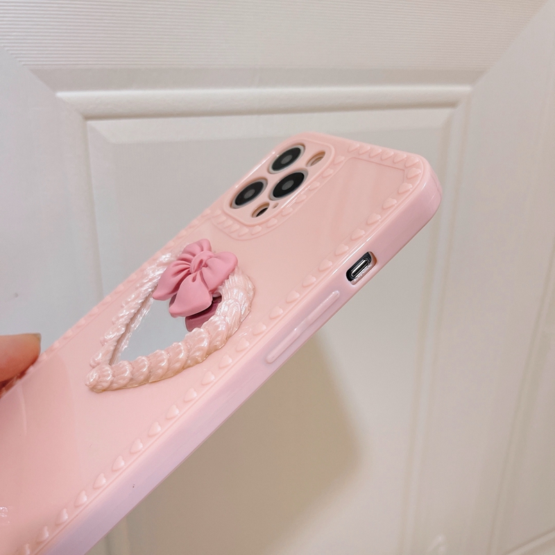 Japanese And Korean Simple Love Cream Bow Mirror Phone Case