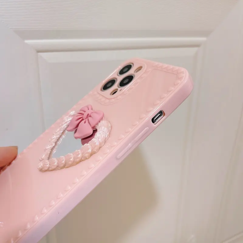 Japanese And Korean Simple Love Cream Bow Mirror Phone Case