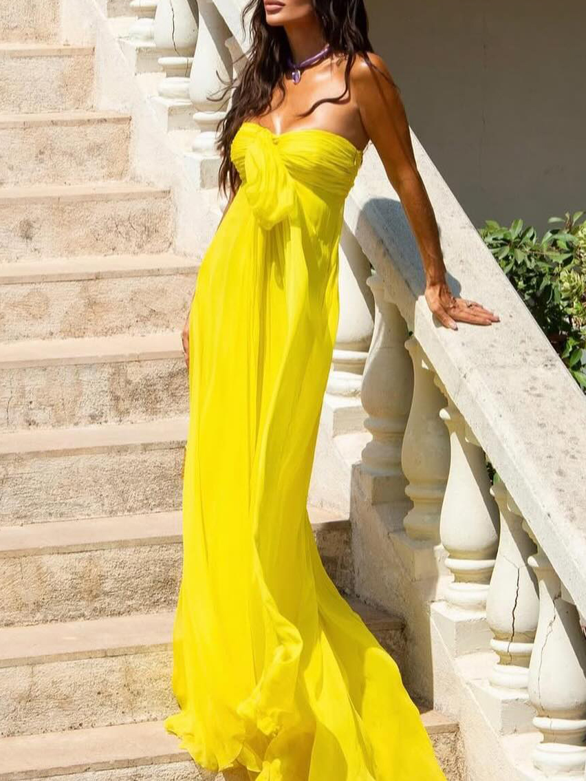 Yellow Strapless Bow Tie Maxi Dress - Image 1