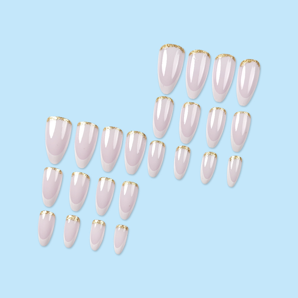 24-piece Long Almond-shaped Press-on Nail Glitter With Gold Edge Design Nail Art Set.Suitable For Parties,dances Or Daily Wear.