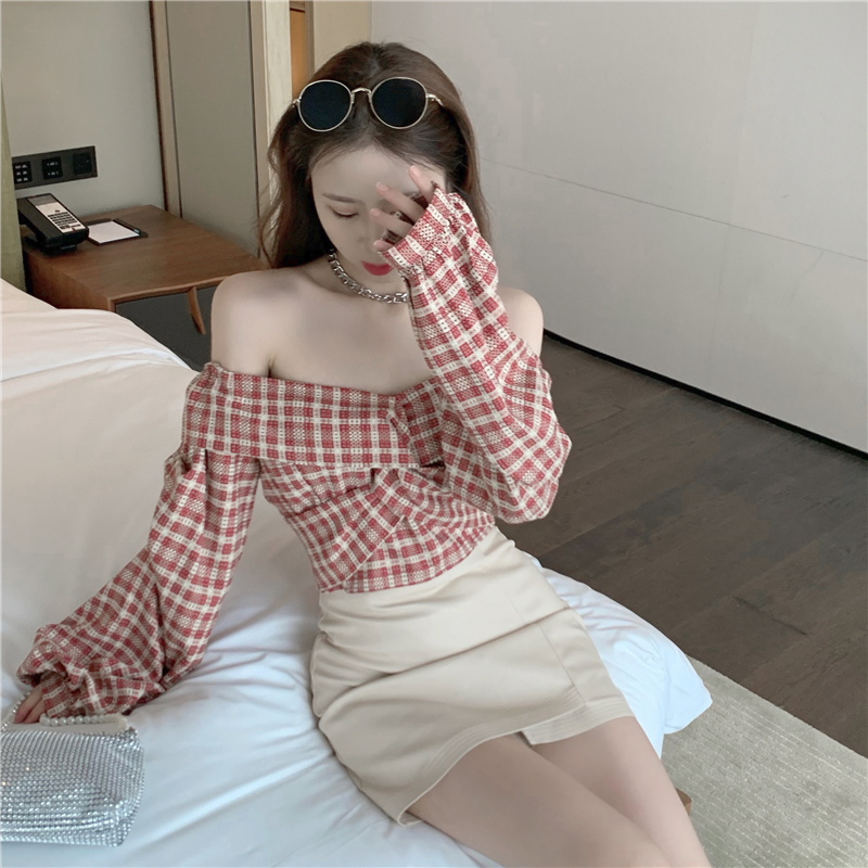Long Sleeve Plaid Shirt New Off Shoulder Top