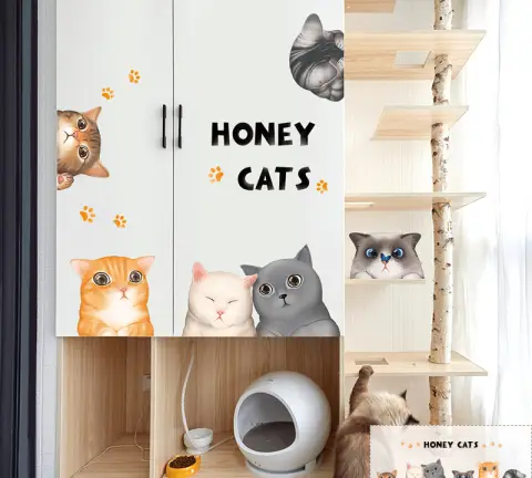 Cartoon Cat Wardrobe Stickers Creative Room Decoration Cat Litter