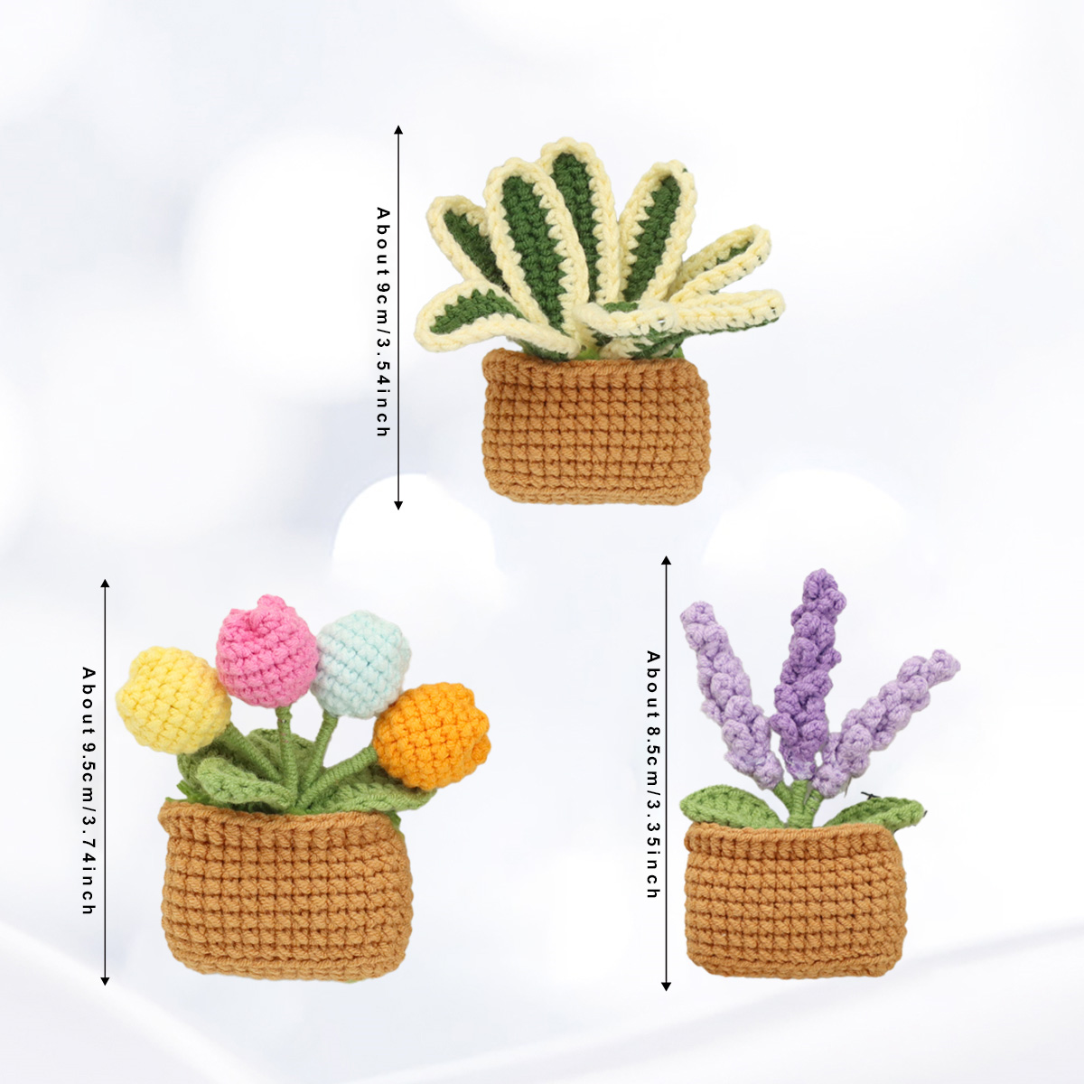 Handmade Crochet Square Pot Green Plant Three Piece Set With Lavender Multicolored Tulip Variegated Foliage Plant Soft Yarn Everlasting Crochet Decor Indoor Hom