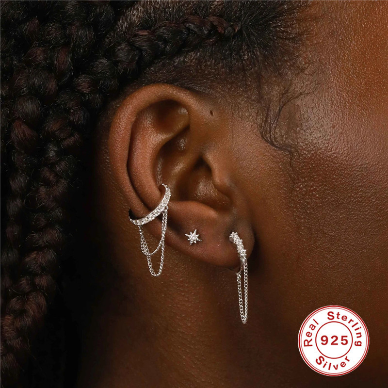 S925 Sterling Silver Single Row Diamond Double Layer Chain Tassel Ear Clip