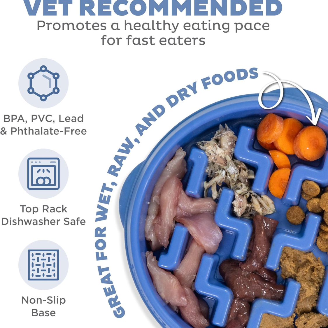 Feeder Slo Bowl  Medium 2Cup Capacity, Slow Feeding, Small To Medium Dogs  Cats, Non Slip, Blue, Notch Pattern — foto 4