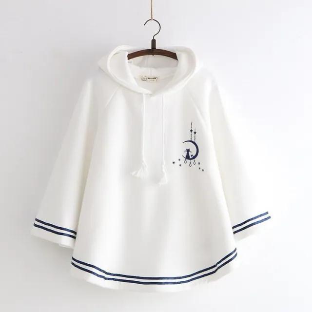 Cartoon Moon Cat Embroidered Plus Velvet Warm Cloak Type Sweater White - Shop at LoveMi