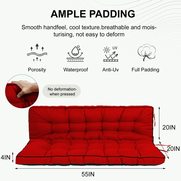 Outdoor Swing Cushions 55 Inch,Waterproof 4in  Thick Porch Swing Cushion Replacement With Backrest And Ties,Comfortable 2-3 Seat Pation Swing Pad For Backyard,Garden,Lawn,Outdoor Furniture Red — view 5