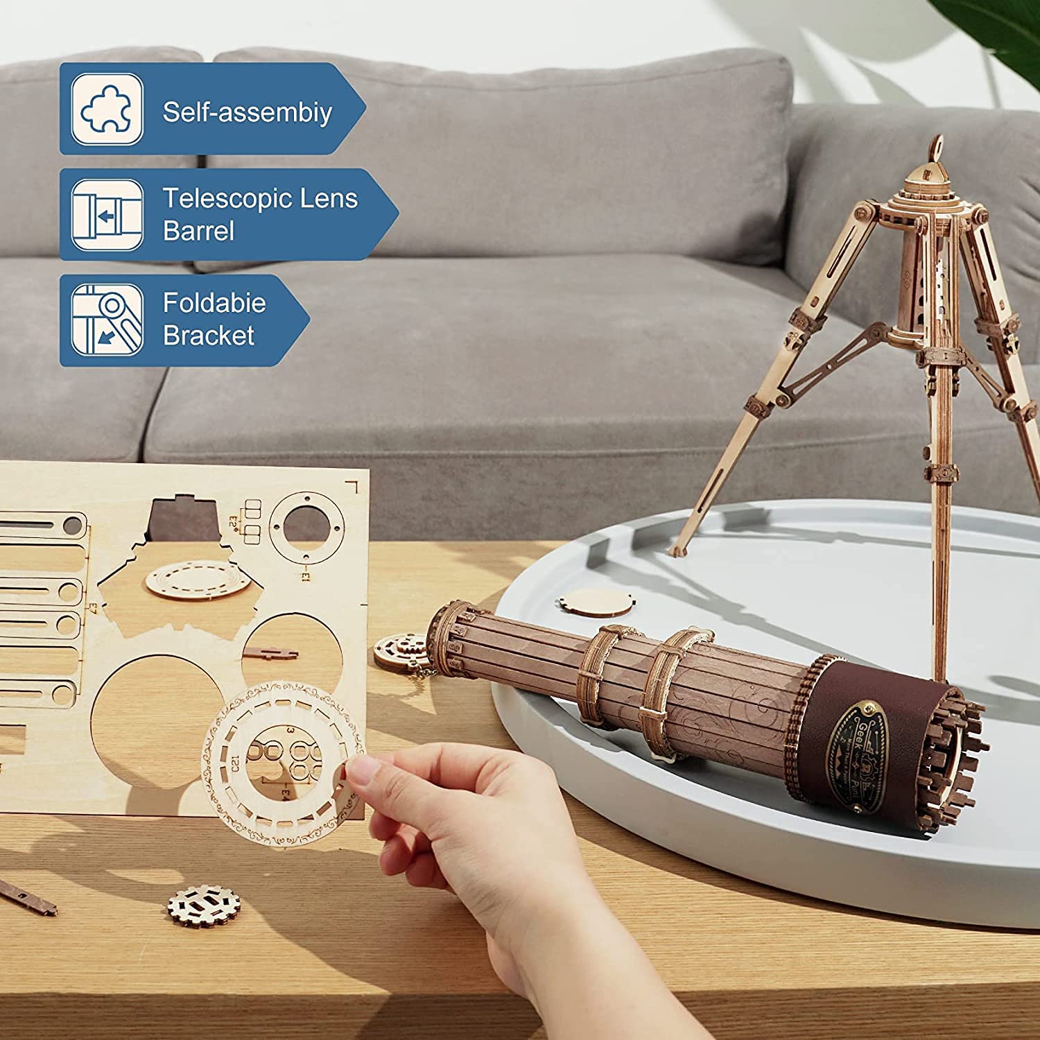 ROKR 3D Puzzles For Adults Wooden Telescope Building Model Kit With Tripod For Adults -3X Magnification Science Kit Gifts