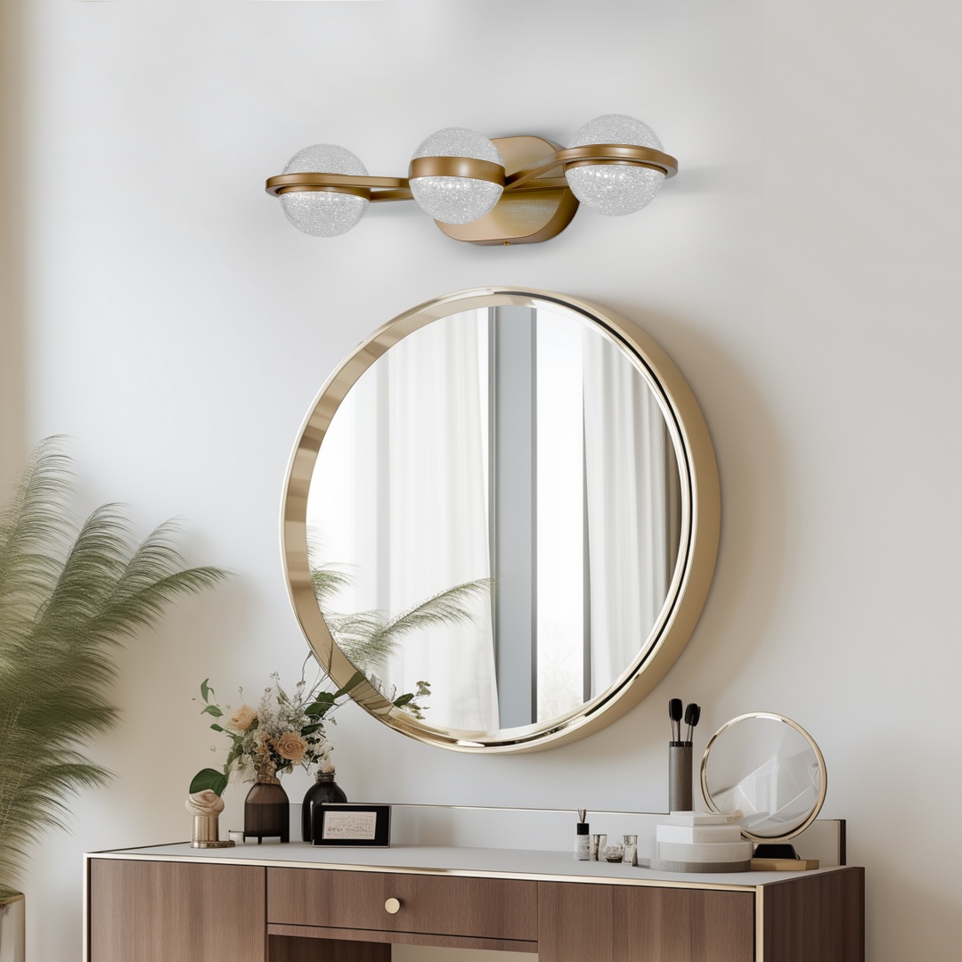 Bathroom Vanity Light, LED 3 Bulb Crystal Sand Acrylic Shades, Wall Mounted Decorative Lighting Fixture, Suitable For Bathroom Vanity Mirror Champagne Gold