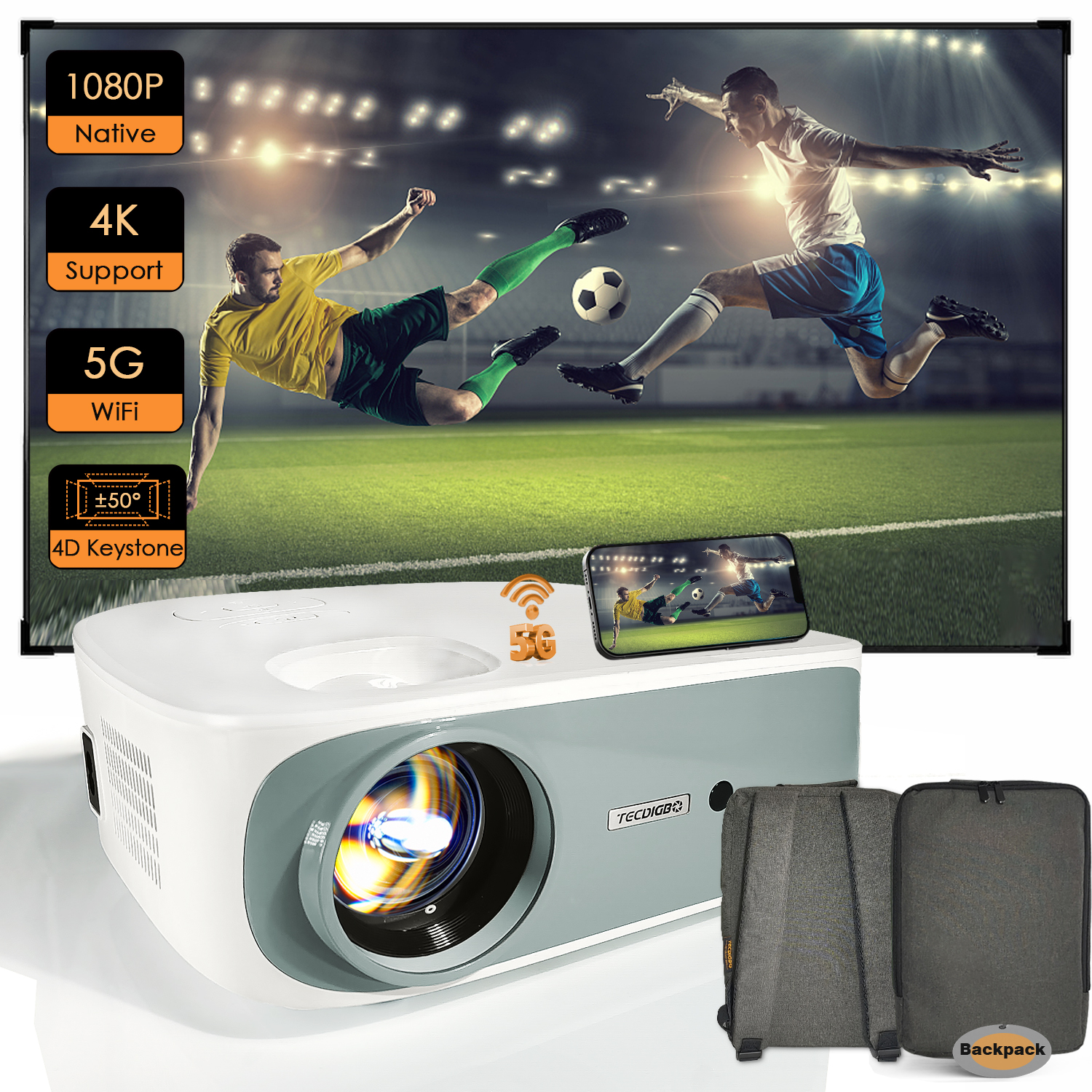 Native 1080P Projector 4K Support 9500 Lumens 5G WiFi Bluetooth 5.0 Movie Projector 400 Inch Display