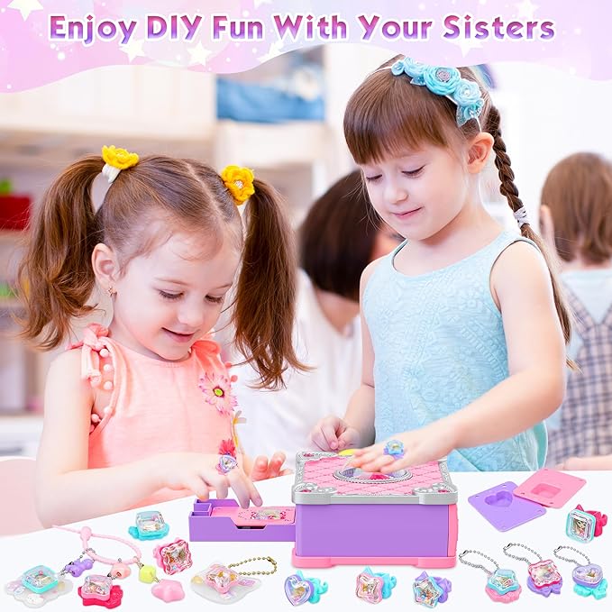 Girls Jewelry Making Kit DIY Arts And Crafts Gifts Necklace Pendant and Bracelet Crafting Set Versatile Magic Sticker Machine Magic Book Children's DIY Making Christmas Gift Jewelry Gift Set For Kids G