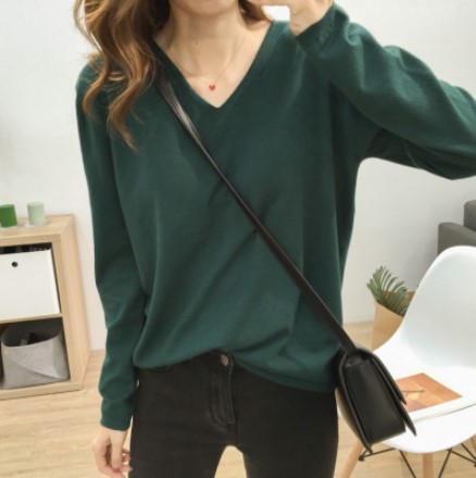 Title 13, Loose Slimming V-neck Solid Color Long-sleeved ...