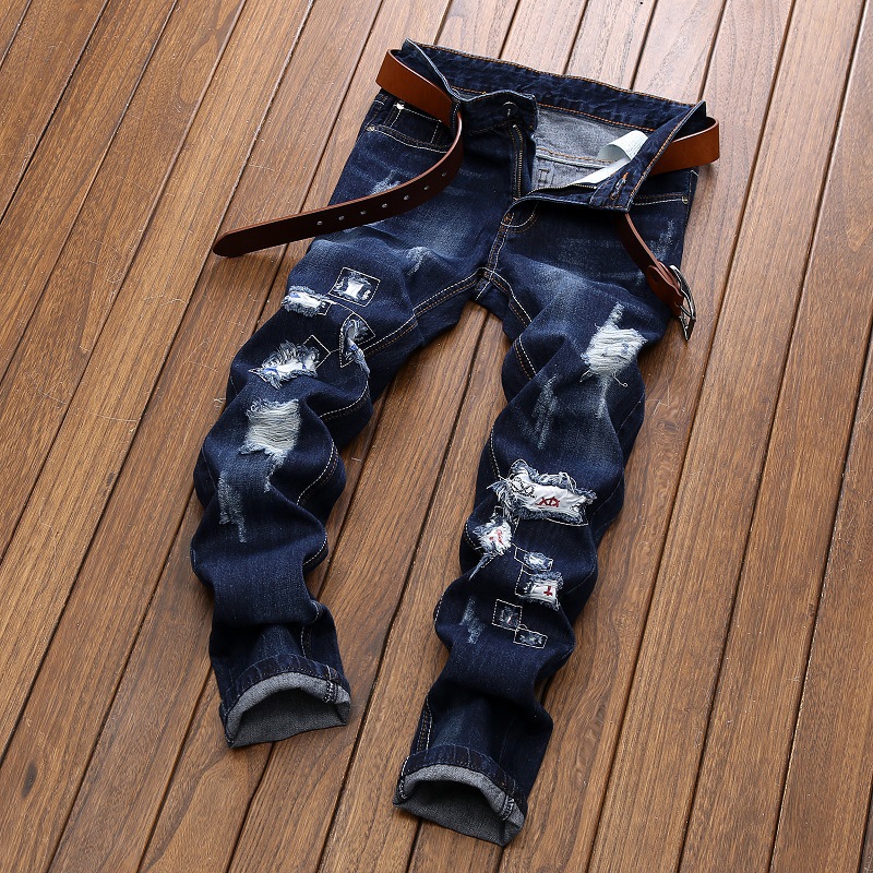 Title 4, Jeans Ricamati Uomo Dritti Strappati Patch Pant...