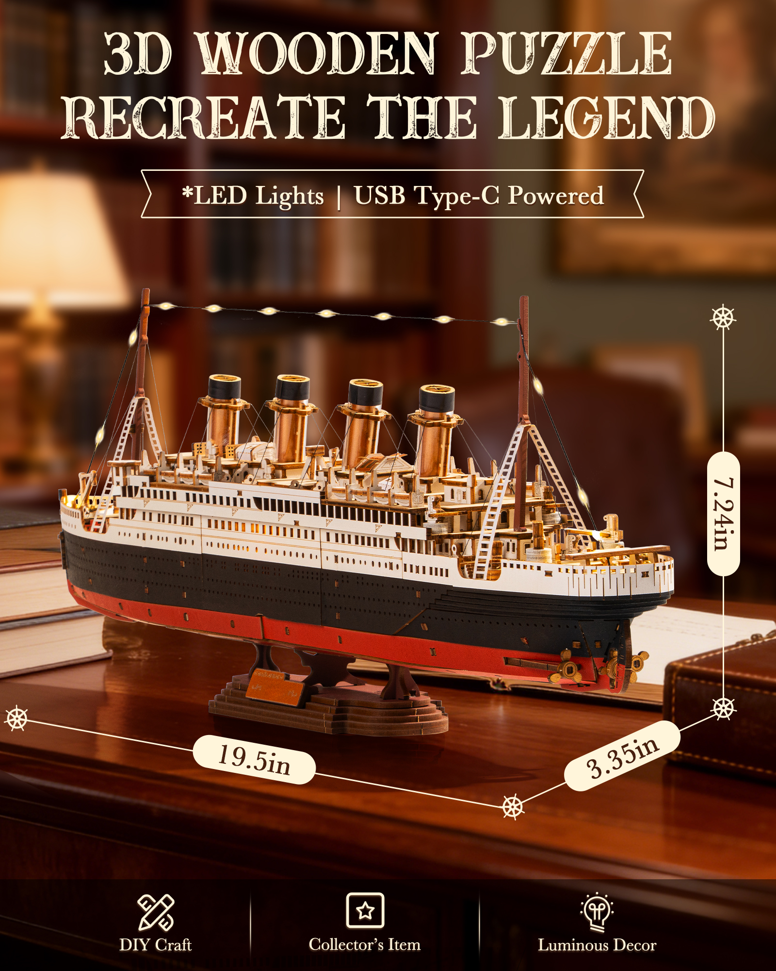 ROBOTIME 3D Wooden Puzzle 1912 Eternal Atlantic Voyager, Model Kits For Adults To Build, Home Decoration Craft Gifts For Adults And Teens