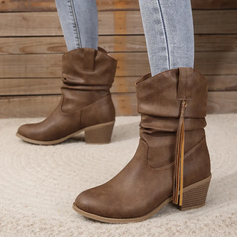 Retro Tassel Boots Winter Thick Square Heel Mid-calf Knight