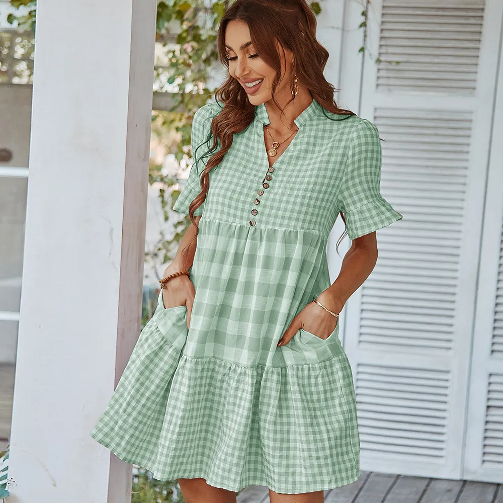 European And American Temperament Plaid Stitching Dress - Green