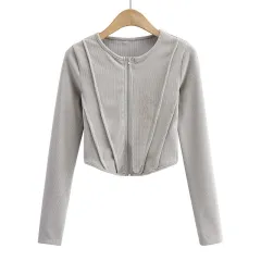 Round Neck Curved Hem Zippered Long-sleeved T-shirt Cardigan - Light Grey - View 1