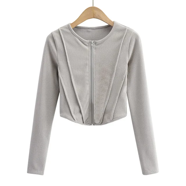 Round Neck Curved Hem Zippered Long sleeved T shirt Cardigan Light Grey - Shop at LoveMi