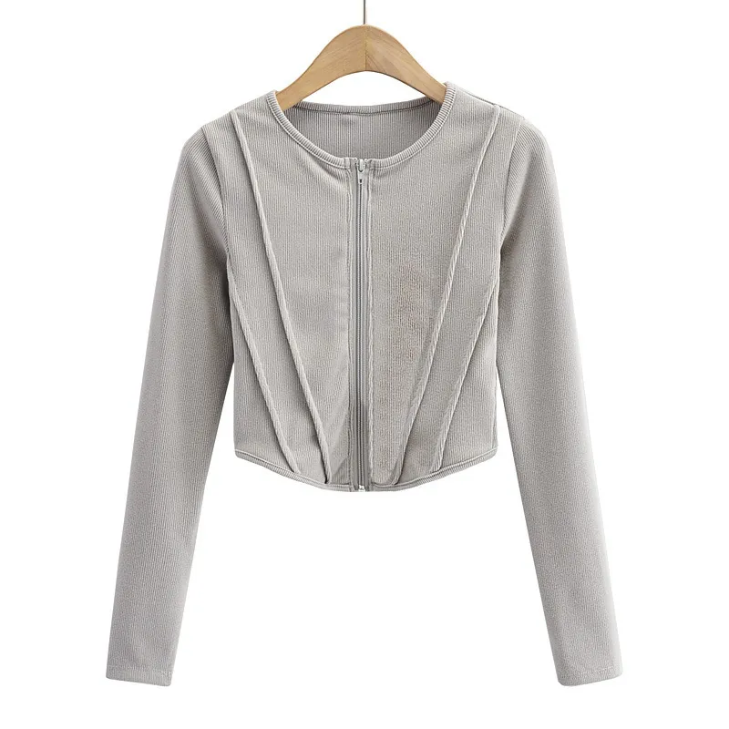 Round Neck Curved Hem Zippered Long-sleeved T-shirt Cardigan - Light Grey