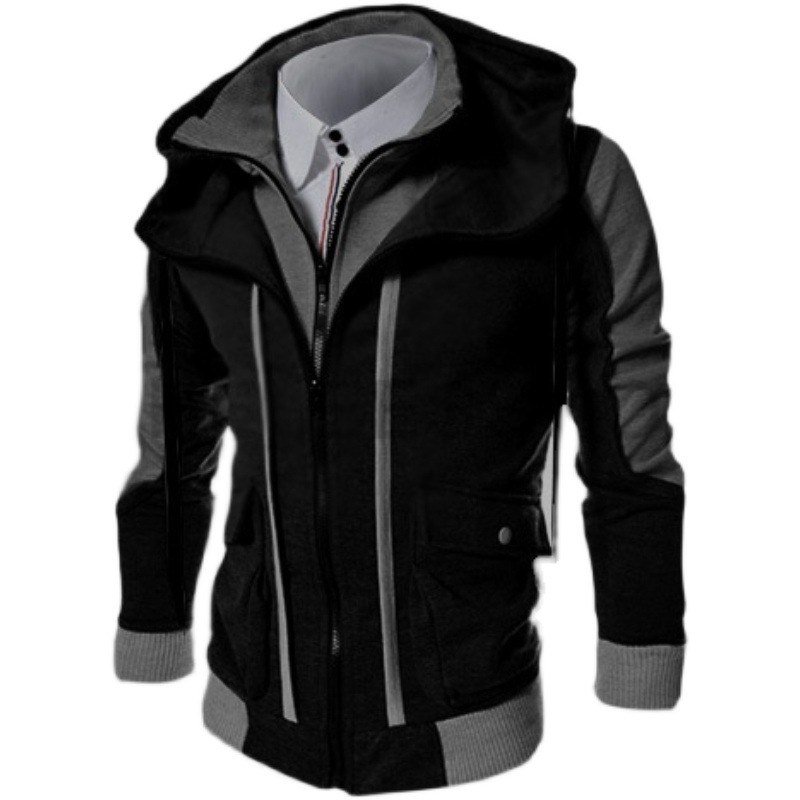 New Cardigan Hooded Jacket Double Zipper Fake Two Piece Top